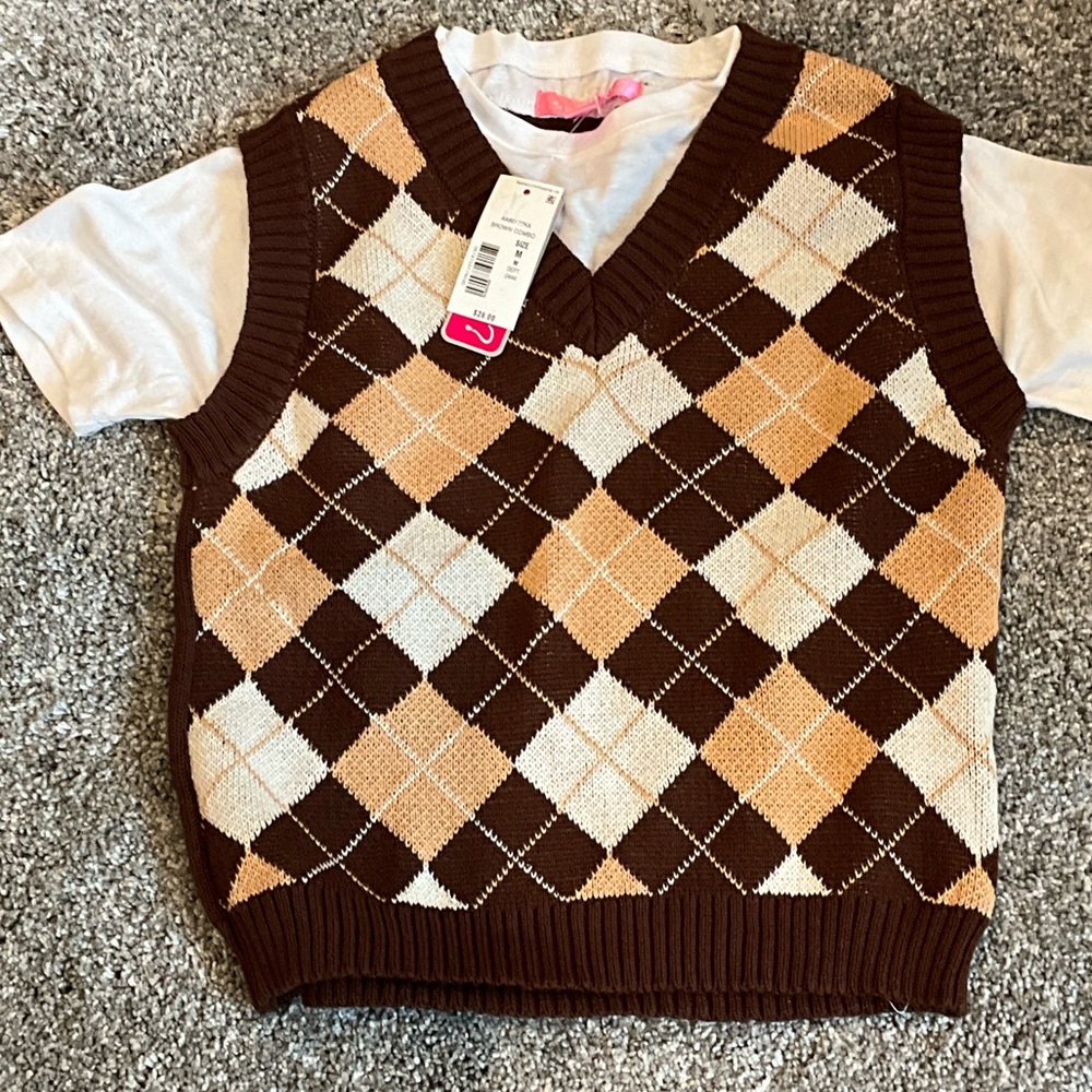 Say What? Brown and Cream Argyle Sweater Vest with White T-Shirt